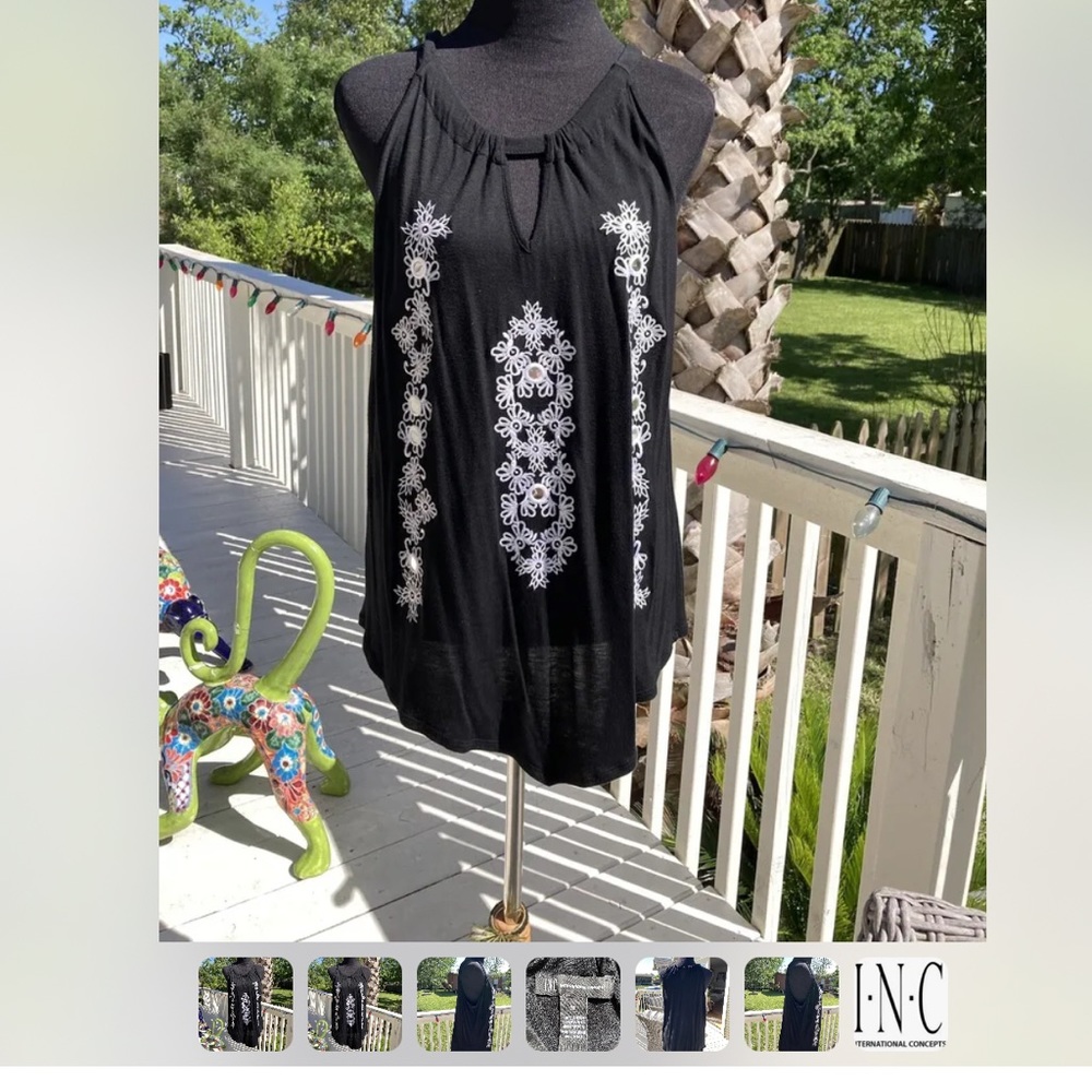 INC Embroidered Hanker-chief Hem Black Halter Top